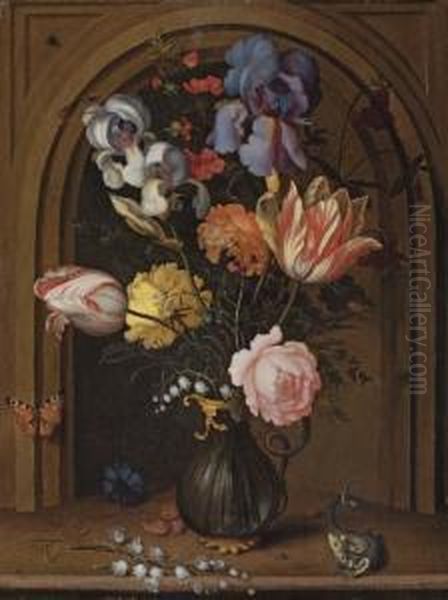 Irises, Tulips, Roses And Lily 
Of The Valley In A Vase With A Lizard, A Butterfly And A Dragonfly 
Before A Niche Oil Painting by Balthasar Van Der Ast