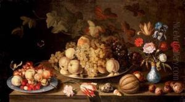 Grapes And Pears On A Pewter 
Plate, With Apples, Cherries And Grapes On A Wanli Plate, Flowers In A 
Vase And A Melon, Nuts And Shells On A Tabletop Oil Painting by Balthasar Van Der Ast