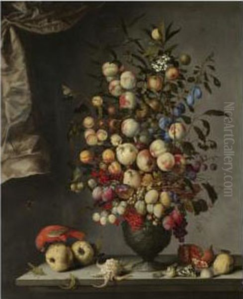 A Still Life With Sprays Of 
Apples, Peaches, Pears, Apricots, Plums, Greengages, Lemons, 
Redcurrants, Grapes And Other Fruit Arranged In A Decorated Basalt Urn, 
With Shells, A Red Parrot Perched On Quinces, A Lemon And An Open 
Pomegranate, A Lizar Oil Painting by Balthasar Van Der Ast