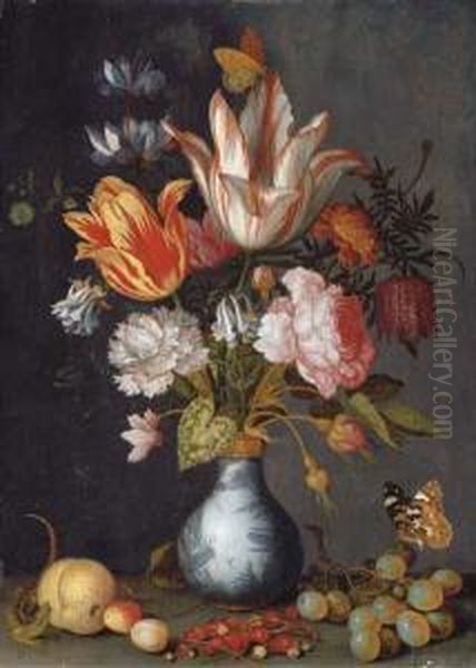 Tulips, A Rose, A Carnation, 
Cyclamen, Snake's Head Fritillary,double Columbine, Rosebuds And 
Marigolds In A Blue And Whitegilt-mounted Porcelain Vase, With A Painted
 Lady Butterfly, Alizard, Grapes, Cherries, Plums And Redcurrants On A 
Ledge Oil Painting by Balthasar Van Der Ast