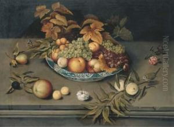 Grapes, Peaches, Apples And 
Apricots In A Porcelain Bowl On A Ledgewith Carnations, A Blue Tit And A
 Red Admiral Butterfly Oil Painting by Balthasar Van Der Ast