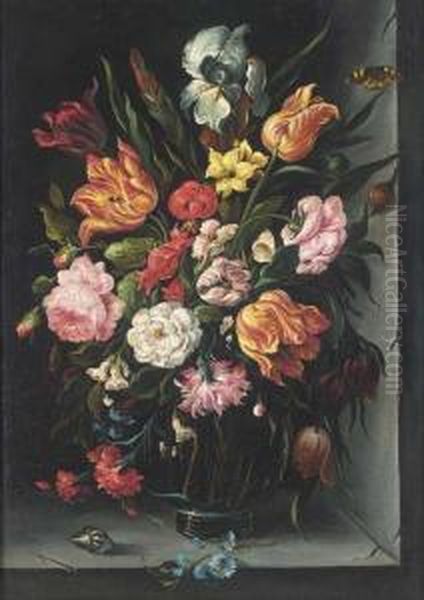 Roses, Tulips, Carnations, 
Morning Glory And Other Flowers In Aglass Vase With A Butterfly, A Snail
 And A Shell On A Ledge Oil Painting by Balthasar Van Der Ast