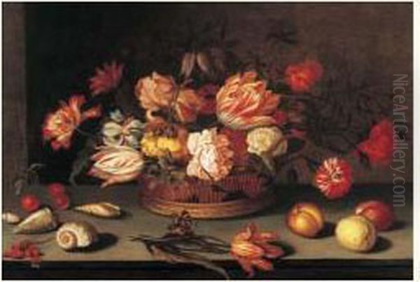 Nature Morte Au Panier De Fleurs, Fruits, Coquillages Et Papillon
 Sur Un Entablement Oil Painting by Balthasar Van Der Ast