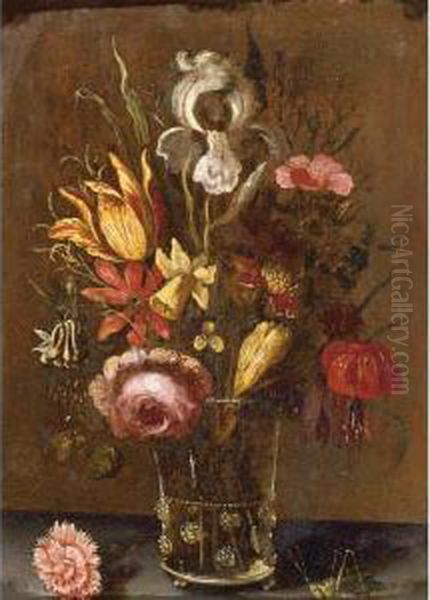 Still Life With An Iris, A 
Tulip, A Rose And Other Flowers In A Glass Vase, Resting On A Ledge With
 A Grasshopper Oil Painting by Balthasar Van Der Ast