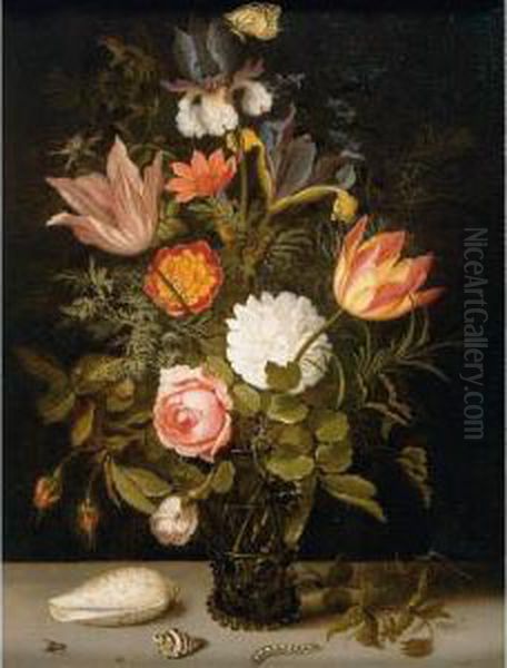 Still Life Of Roses, Tulips, 
Irises, An African Marigold And Other Flowers In A Roemer Resting On A 
Ledge, With Two Shells, A Butterfly And Other Insects Oil Painting by Balthasar Van Der Ast