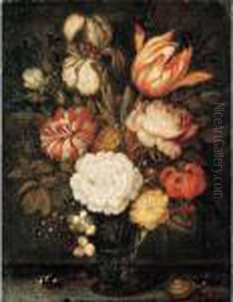 A Still Life With Roses, A 
Tulip, An Iris And Other Flowers Together In A Roemer On A Stone Ledge, 
With A Snail, A Bee And A Ladybird Oil Painting by Balthasar Van Der Ast