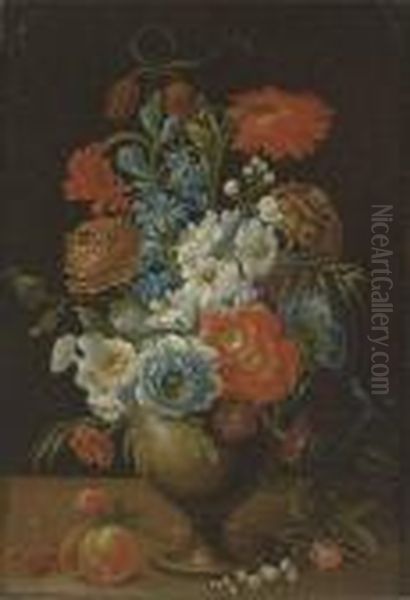 Roses, Carnations, Daffodils And
 Other Flowers In A Vase On Aledge; And Tulips, Carnations And Other 
Flowers In A Vase On Aledge Oil Painting by Balthasar Van Der Ast