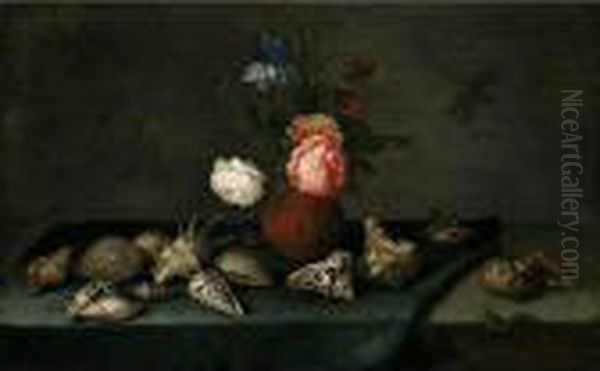 Still Life Of Roses, An Iris And
 Fritillaries In An Earthenware Vase, With Assorted Shells, A Dragonfly 
And A Lizard Upon A Table Partly Draped With A Green Cloth Oil Painting by Balthasar Van Der Ast