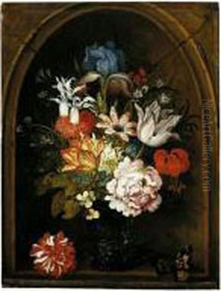 A Still Life Of Tulips, A Rose, 
An Iris, A Fuchsia, Forget-me-nots And Other Flowers In A Berkemeijer 
Glass, Set In A Niche And Flanked With A Carnation And A Butterfly Oil Painting by Balthasar Van Der Ast