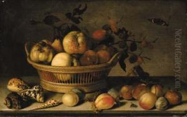 Apples, Pears And A Branch Of Mulberries In A Basket Oil Painting by Balthasar Van Der Ast