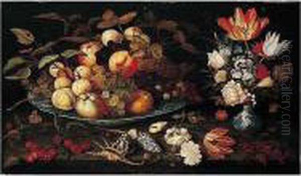 A Still Life Of Apples, Grapes, 
And Peaches In A Blue-and-white Porcelain Bowl, A Bouquet Of Tulips, 
Roses, Irises, Lily-of-the-valley And Other Flowers In A Blue-and-white 
Porcelain Vase, Both On A Stone Ledge Covered With Flowers, Shells, 
Cherri Oil Painting by Balthasar Van Der Ast