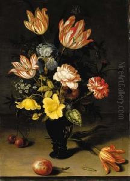 Tulips, Irises, Roses, 
Forget-me-nots, Chrysanthemums And Hypericum In A Roemer, With Cherries,
 A Plum, A Tulip And A Caterpiller On A Stone Ledge Oil Painting by Balthasar Van Der Ast