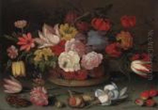 Roses, Fritillaries, And Lilies 
In A Basket With Cherries, Shells,and An Insect On A Table Oil Painting by Balthasar Van Der Ast