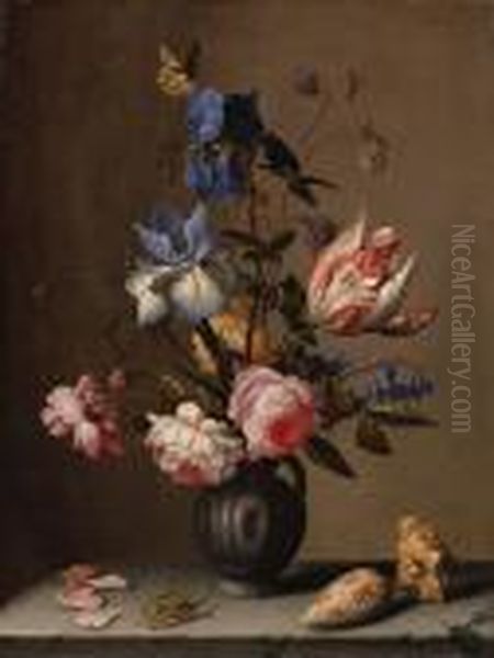 Irises, Roses, Columbine, 
Hyacinth And A Tulip In A Black Potterypitcher, With Seashells And A 
Grasshopper On A Stone Ledge Oil Painting by Balthasar Van Der Ast