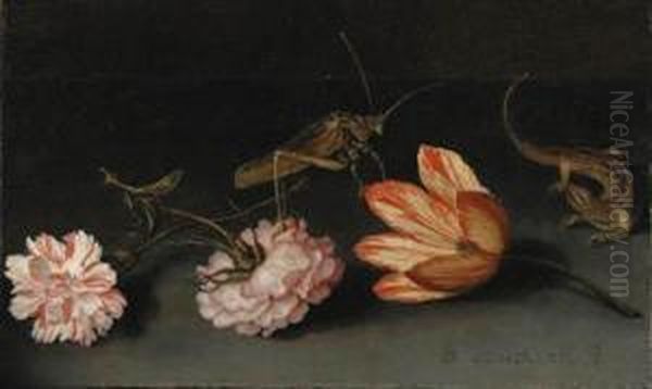 Carnations, A Parrot Tulip, A Grasshopper And A Lizard On Aledge Oil Painting by Balthasar Van Der Ast