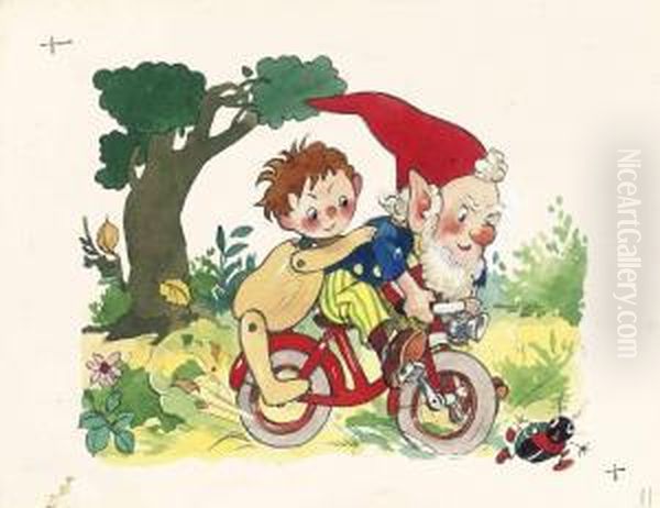 Noddy Rides Off With Big-ears On His Bicycle To Toyland Oil Painting by Harmsen Van Der Beek