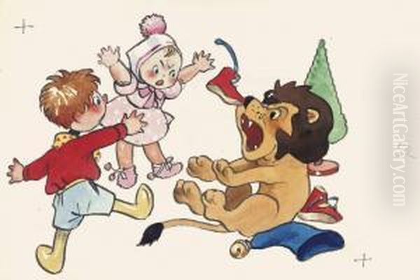 Noddy Rescuing A Doll From Being Attacked By A Lion by Harmsen Van Der Beek