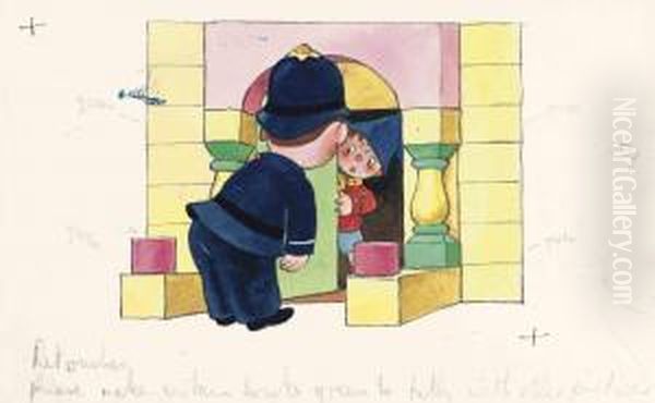 Noddy Opening His Front Door To Mr Plod by Harmsen Van Der Beek