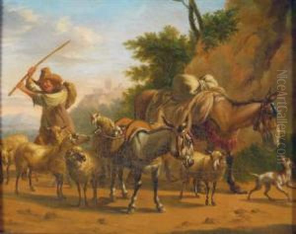 Southern Landscape With Herdsman Driving His Flock Oil Painting by Rembrandt Van Rijn