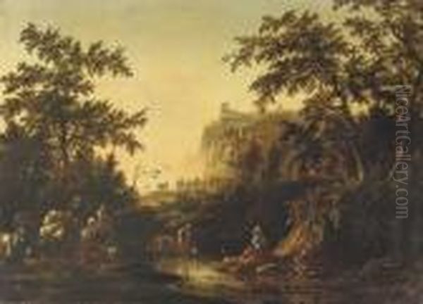 An Italianate Landscape With A 
Peasant Family And Their Cattle Fording A Stream, A Fortress On A Rock 
Beyond Oil Painting by Rembrandt Van Rijn