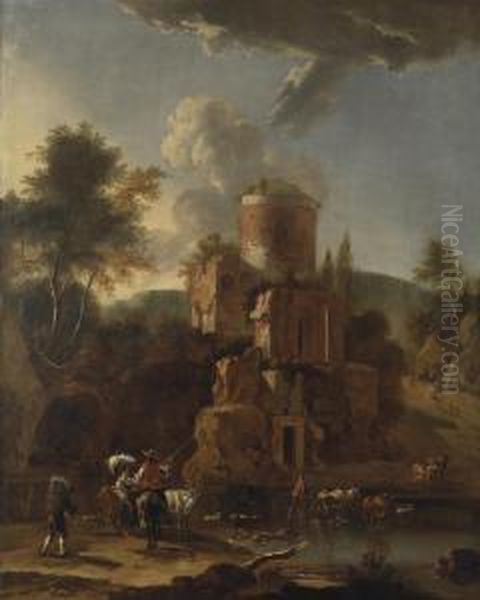 A Mountainous River Landscape With Cattle Drovers Making A Crossingby A Ruined Castle Oil Painting by Rembrandt Van Rijn