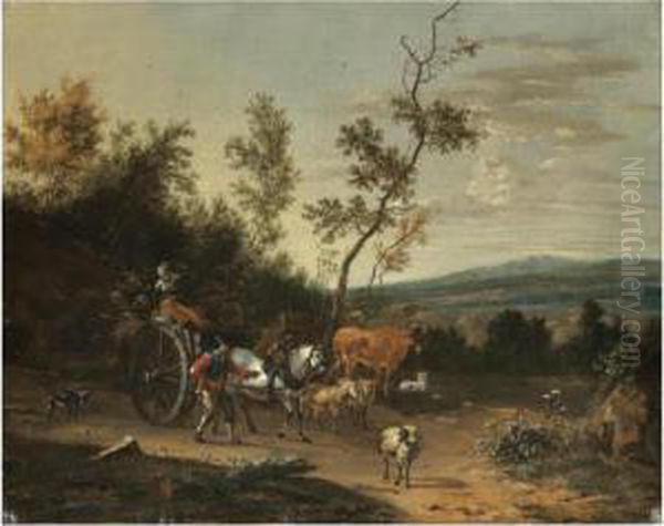 Travellers With A Horse And Cart Passing Through An Extensivelandscape Oil Painting by Rembrandt Van Rijn