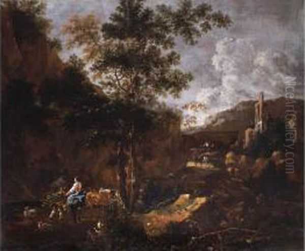 Felsige, Sudliche Landschaft Mit Ruine, Kuhhirten, Reisigsammlern Und Wanderern Oil Painting by Rembrandt Van Rijn