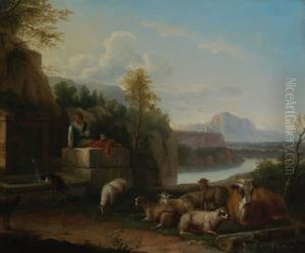 La Valle Del Tevere Con Gregge All'abbeverata E Pastore Oil Painting by Rembrandt Van Rijn