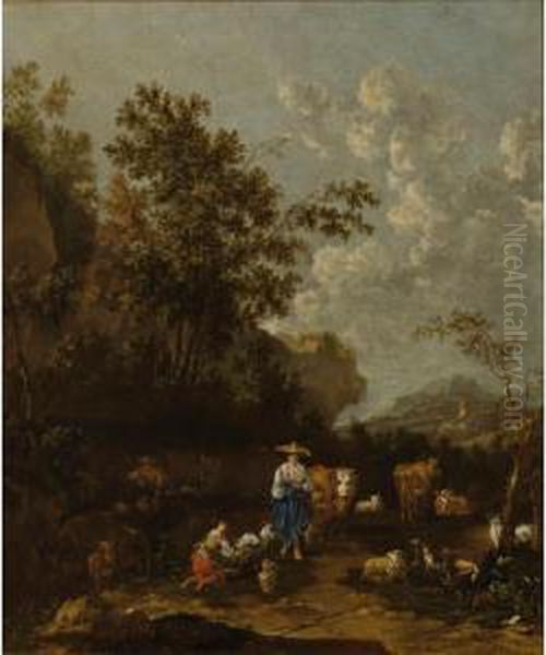 Sold By The J. Paul Getty Museum To Benefit Future Painting Acquisitions
 

 
 
 

 
 A Wooded Italianate Landscape With Shepherds, A Shepherdess Milking A Goat, Surrounded By Their Herd Of Cows, Shee Oil Painting by Rembrandt Van Rijn