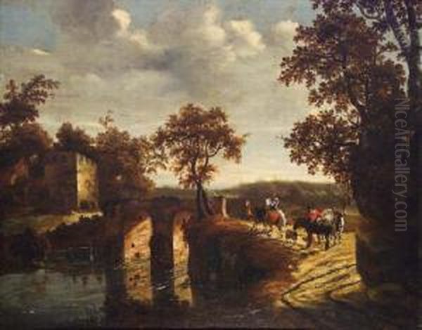 Le Paysage Au Pont De Pierre Avec Trois Paysans Oil Painting by Rembrandt Van Rijn