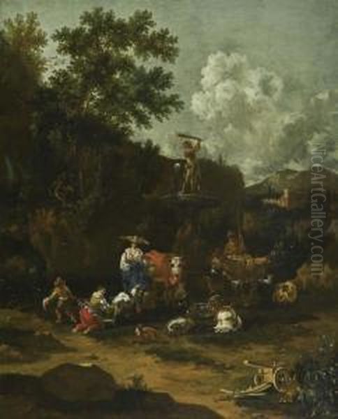 Peasants With Cattle At An Old Well. Oil Painting by Rembrandt Van Rijn