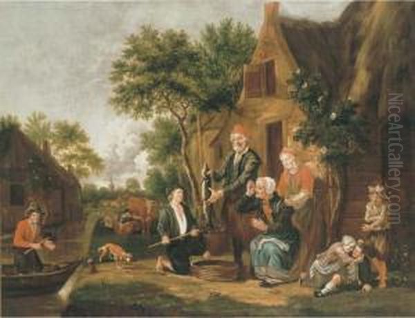 Fishermen Selling Their Catch At A Riverside Cottage Oil Painting by Rembrandt Van Rijn