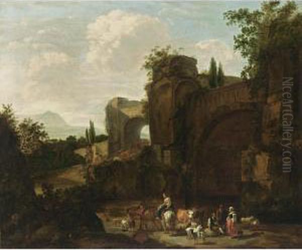 A Classical Landscape With Shepherds And Their Herd Near Ruins Oil Painting by Rembrandt Van Rijn