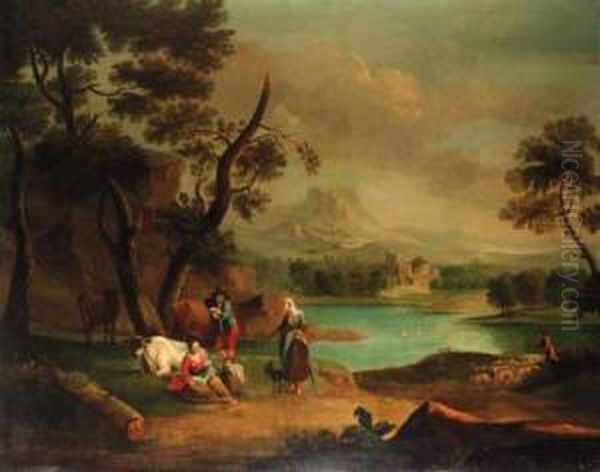 A Drover With Cattle And A Traveller Resting In A Riverlandscape Oil Painting by Rembrandt Van Rijn