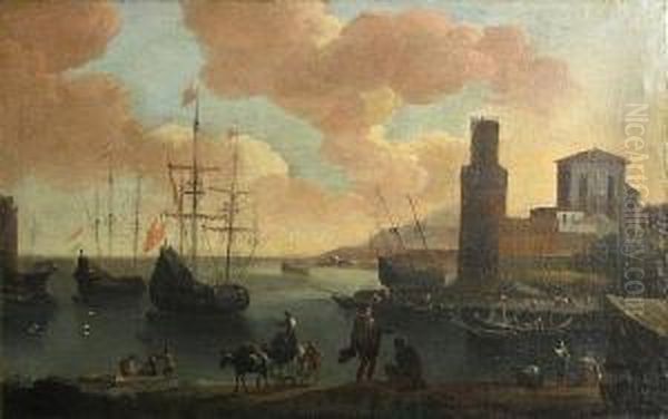 A Busy Harbour Scene With Figures In The Foreground Oil Painting by Adriaen Van Der Kabel