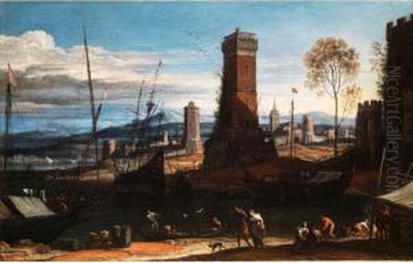 Landschaft Mit Hohen Turmen, Meeresbucht Und Anliegenden Schiffen
Sowie Figurenstaffage Oil Painting by Adriaen Van Der Kabel