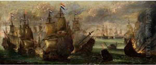 Seeschlacht Mit Hollandischen Schiffen Oil Painting by Adriaen Van Der Kabel