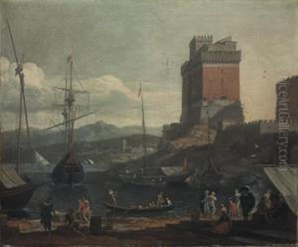 View Of A Fortified Mediterranean Harbour Oil Painting by Adriaen Van Der Kabel