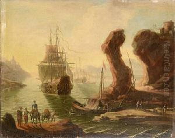 A Rocky Coastal Inlet With Travellers On The Shore And Dutch Shipping At Anchor Beyond Oil Painting by Adriaen Van Der Kabel