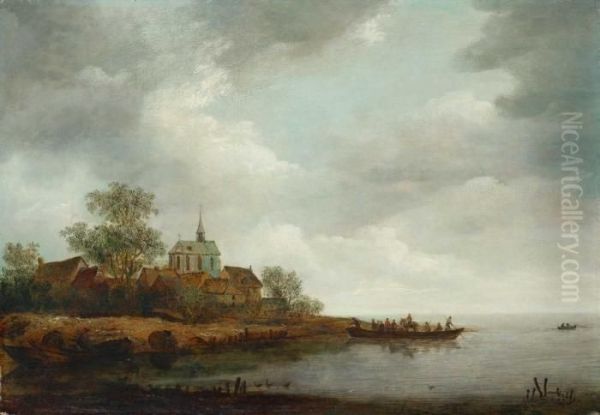 Flusslandschaft Mit Blick Auf Ein Dorf Mit Kirche Oil Painting by Adriaen Van Der Kabel