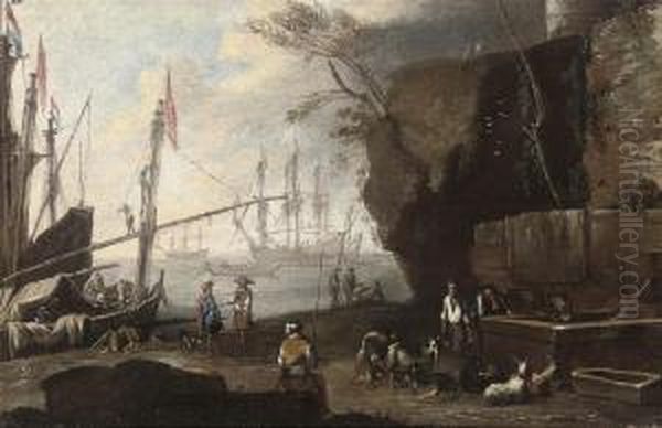 A Mediterranean Coastal Landscape With Figures In The Foregroundand Shipping Beyond Oil Painting by Adriaen Van Der Kabel