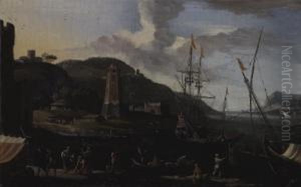 Paesaggio Costiero Con Figure Oil Painting by Adriaen Van Der Kabel