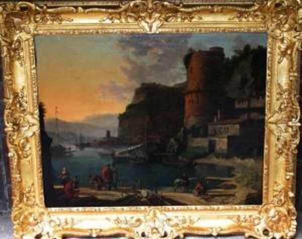 Hafen In Mediterraner Landschaft Oil Painting by Adriaen Van Der Kabel