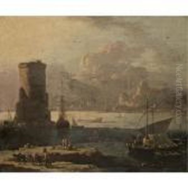 A Mediterranean Coastal Scene With Figures On A Quay Oil Painting by Adriaen Van Der Kabel