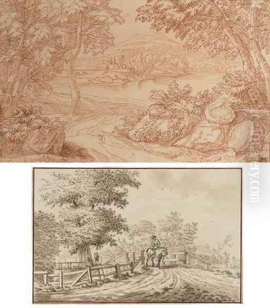 An Italianate Wooded Landscape Oil Painting by Adriaen Van Der Kabel