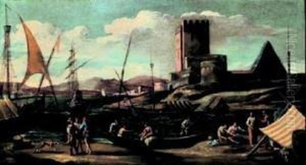 Scena Di Porto Oil Painting by Adriaen Van Der Kabel