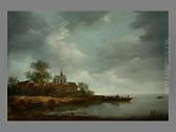 Flusslandschaft Mit Blick Auf Oil Painting by Adriaen Van Der Kabel