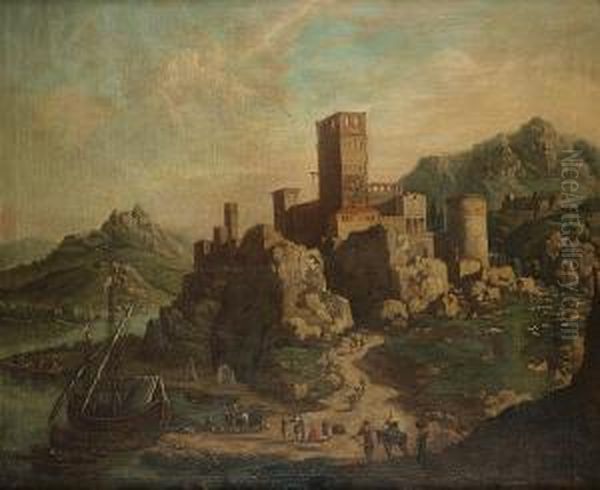 A Rhenish River Landscape With 
Moored Boats, With Figures On A Bank, A Hilltop Village Beyond Oil Painting by Adriaen Van Der Kabel