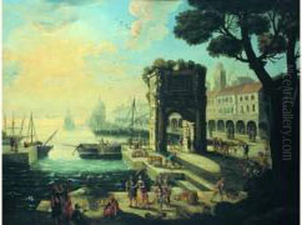 Marchands Deballant Leur Cargaison Dans Un Port Mediterranneen Oil Painting by Adriaen Van Der Kabel