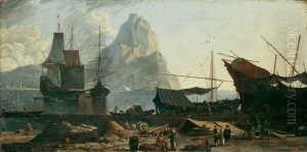 Ein Sudlicher Seehafen (gibraltar?). Oil Painting by Adriaen Van Der Kabel